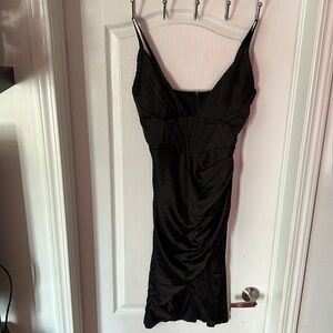 Plunging neck tulip hem satin dress
